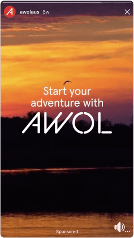 Instagram Story screenshot of a sunset with the text "Start your adventure with AWOL"