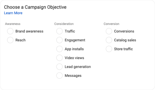 Screenshot of Facebook Ads Manager showing options for Choosing a Campaign Objective