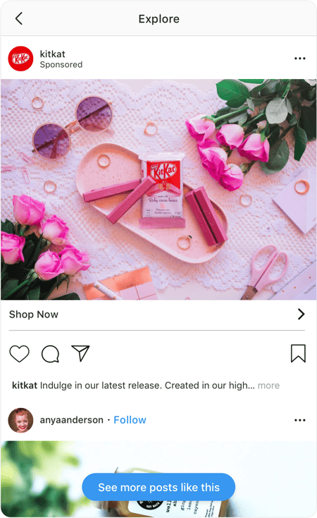 Screenshot of Instagram explore ad featuring a flatlay of chocolate