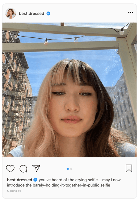 Screenshot of Instagram post with a person taking a selfie while "barely holding it together"