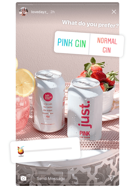 Screenshot of an Instagram Story photo of a can and drink with enlarged instagram poll stickers