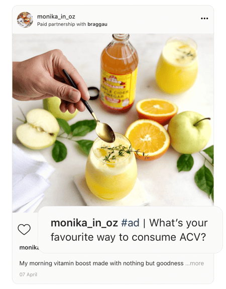 Screenshot of an instagram post of a drink with enlarged caption "What is your favourite way to consume ACV?"