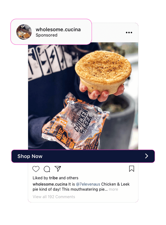 Instagram screenshot of a branded content ad featuring a hand holding a pie