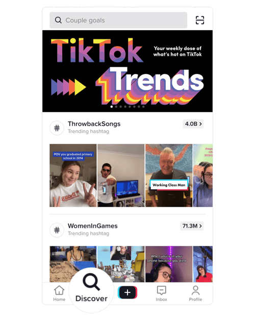 Screenshot of TikTok's discover tab with enlarged Discover icon