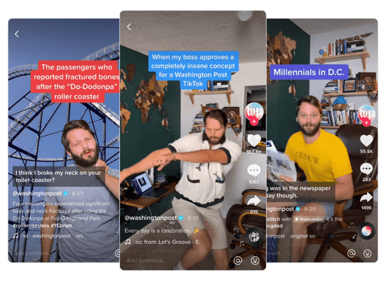 3 Screenshots of Washington Post's TikToks