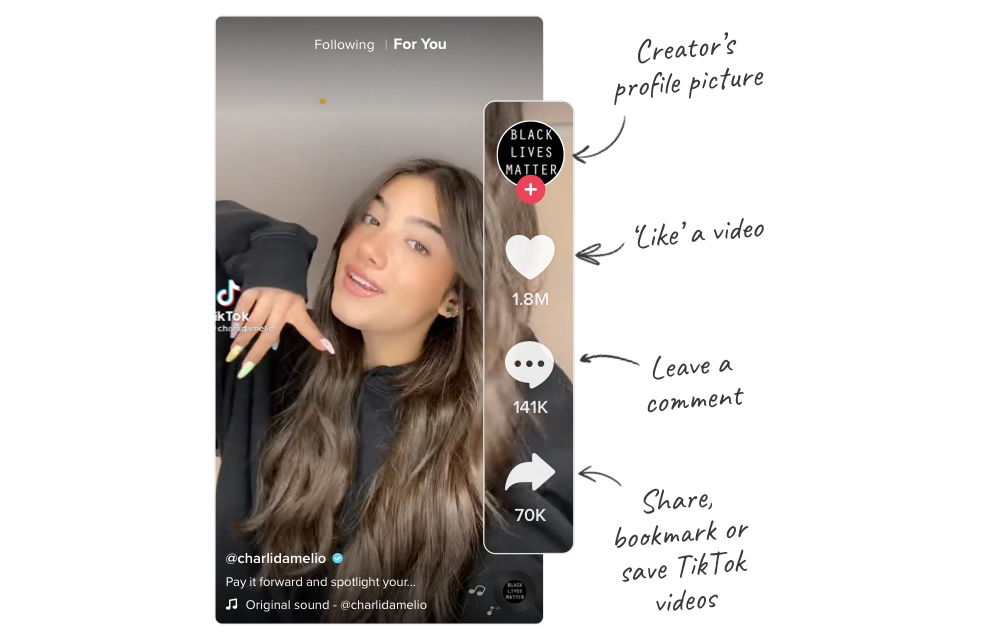 TikTok screenshot emphasising the profile picture, heart button, comment button and share button