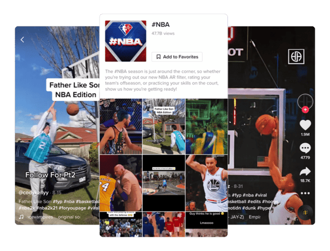 Screenshot of NBA TikTok hashtag challenge and some examples pieces of content