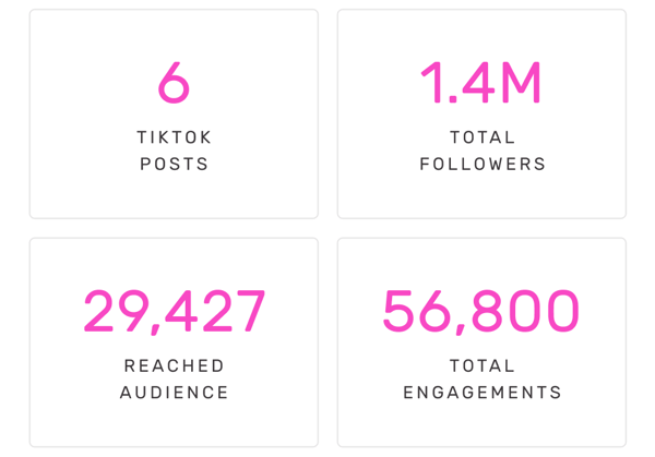 6 TikTok Posts | 1.4M Total Followers | 29,427 Reach Audience | 56,800 Total Engagements