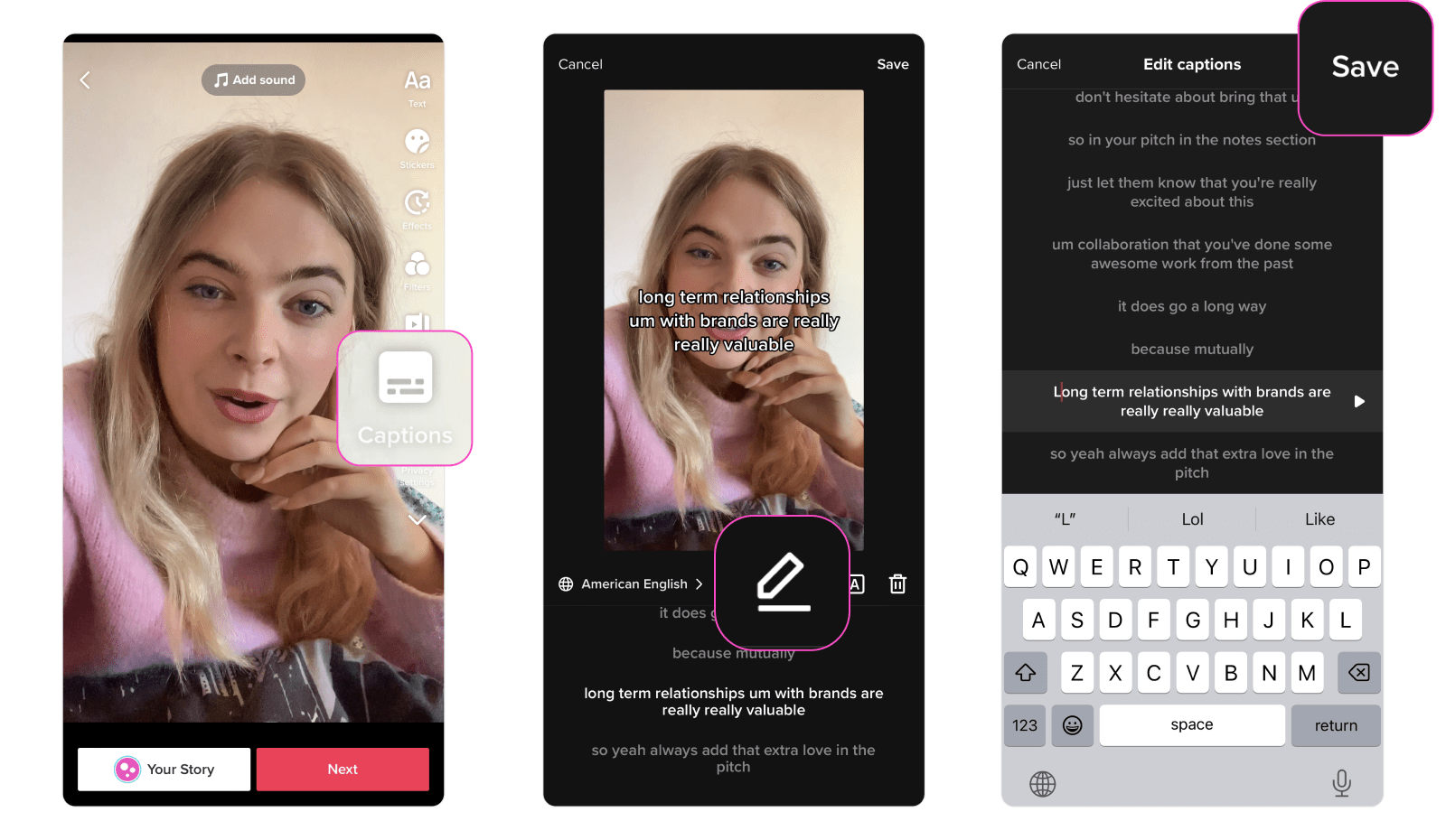 screenshot instructions based on above text showing how to add and edit captions to a tiktok video