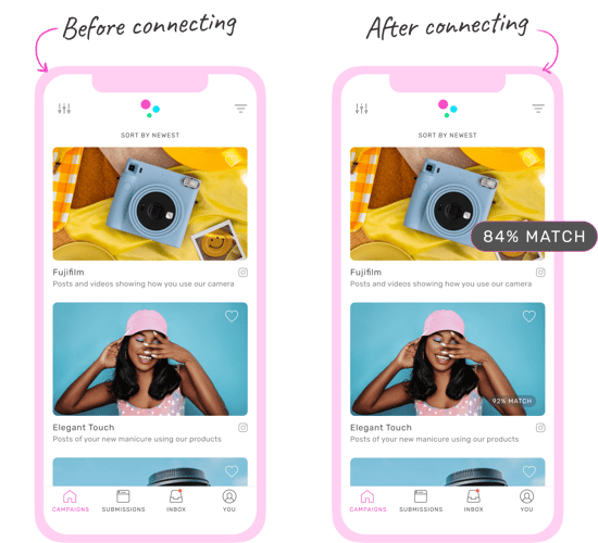 Side by side of TRIBE's App before and after connecting your social accounts and activating brandmatch