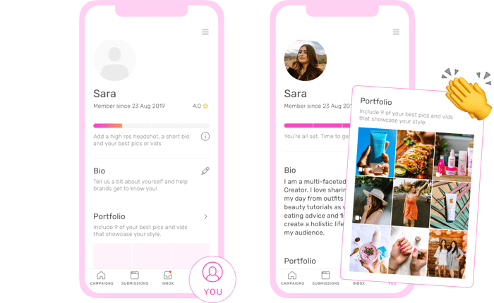 Side by side screenshots of creator portfolios in the TRIBE app