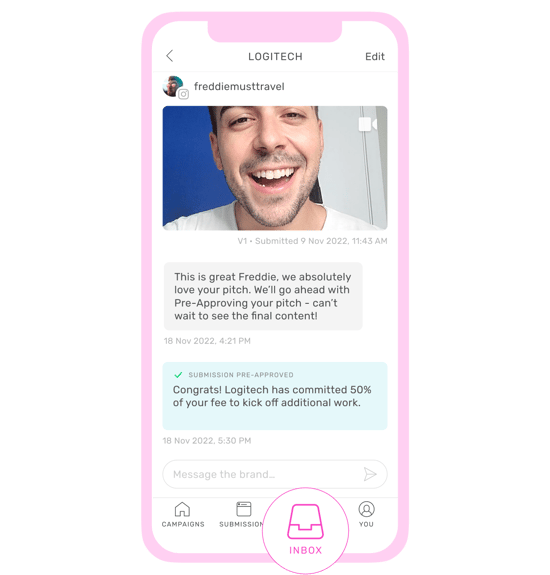 Screenshot of a TRIBE inbox featuring a creator smiling and an approval