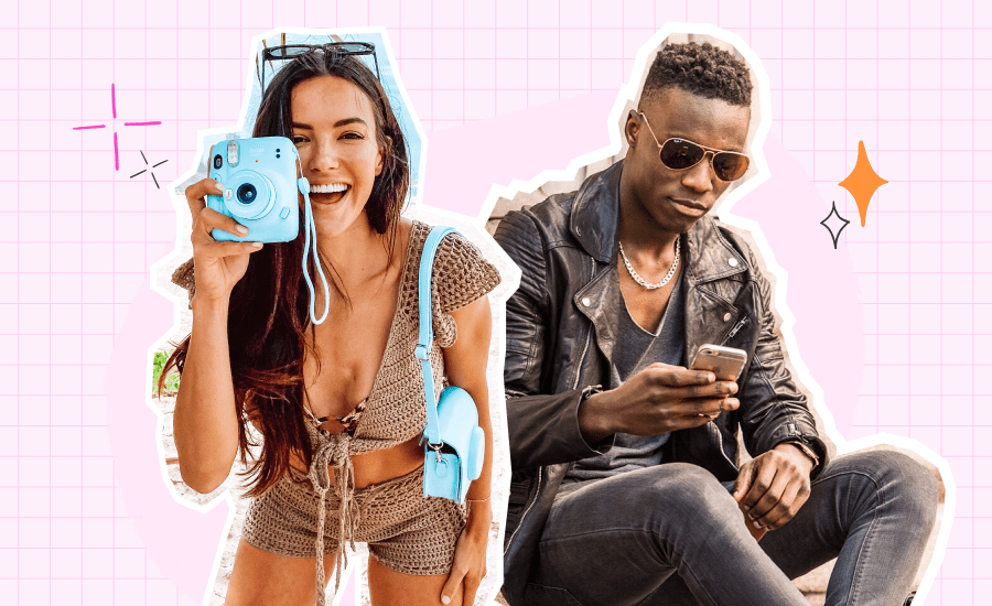 Female Creator cutout on the left holds a blue camera and a male Creator on the right holds and looks at his phone. The background is light pink with a grid pattern