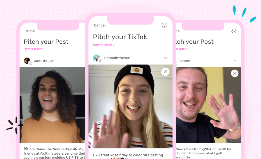 Shows the TRIBE app submission builder, three smiling creators wave at the camera.