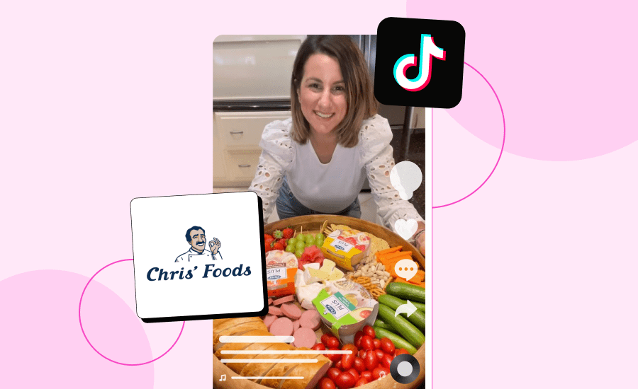 woman stands in front of platter in TikTok screenshot with Chris' Foods logo
