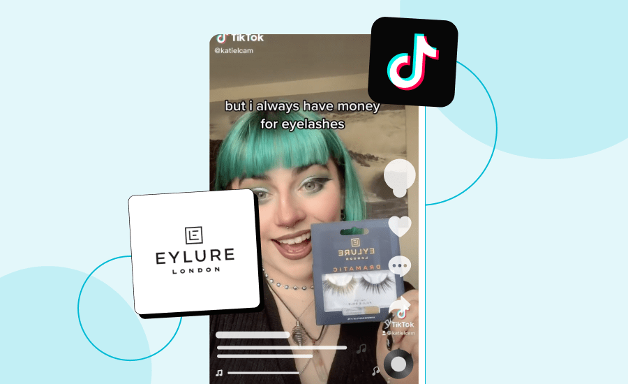 Screenshot of a TikTok featuring a woman with green hair holding Eylure eyelashes to the camera