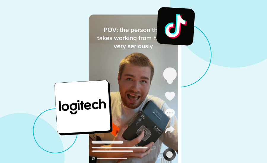 Screenshot of a man with a comical expression holding Logitech lights