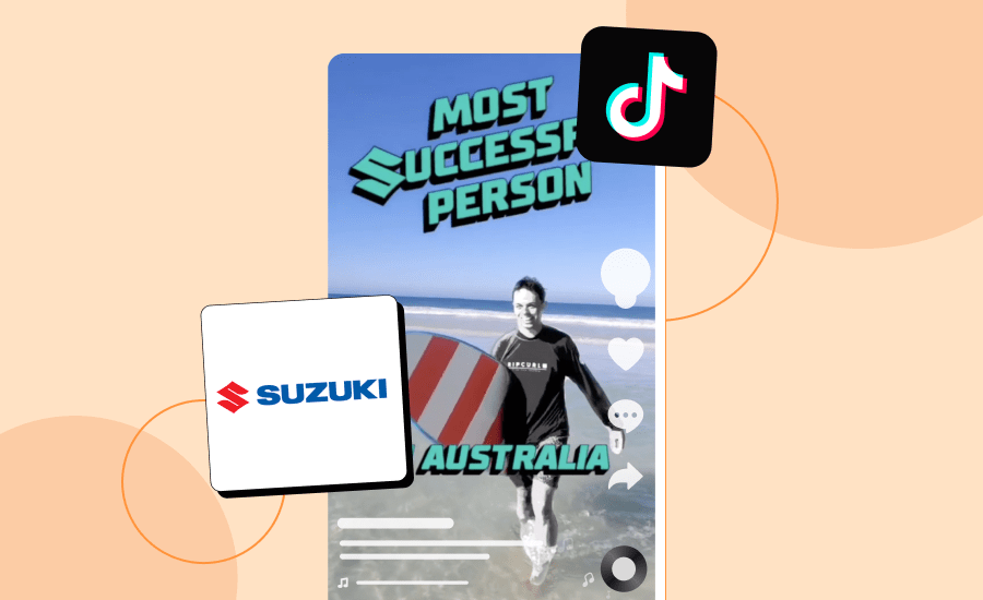 Screenshot of a branded TikTok with Suzuki logo and a man holding a surfboard