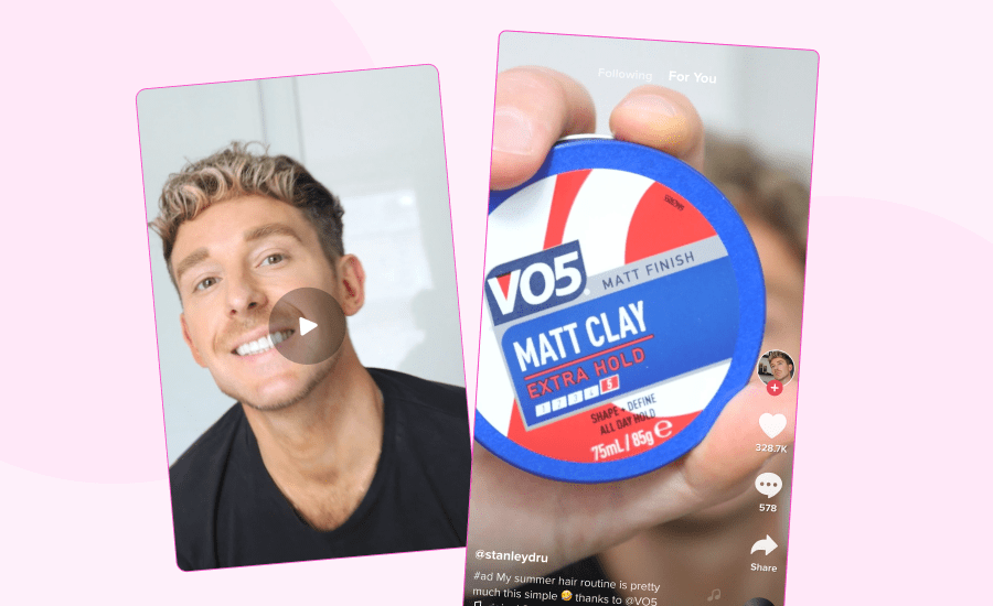 Main smiles on the left and a screenshot of a TikTok featuring V05 Matt Clay packaging held up to the camera
