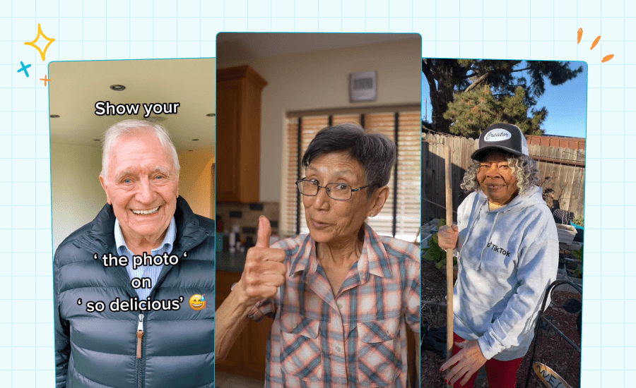 Screenshots of TikTok 'granfluencers' @grandadjoe1933, @cookingwithlynja, and @msgrandmasgarden