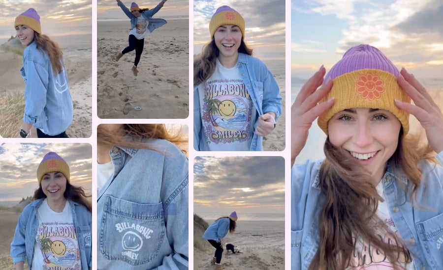 A collage of @glutenfreewithcharlie's content for SMILEY x Billabong
