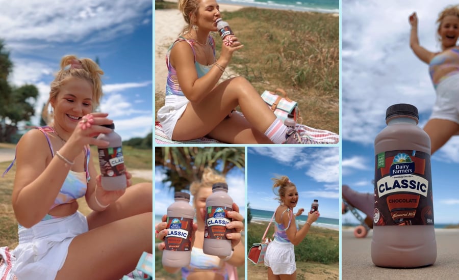 A collage of images of creator @kimmygrace_ rollerskating in the sun promoting Dairy Farmers