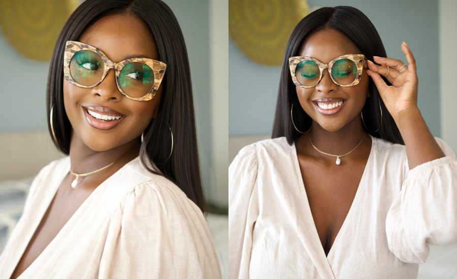 Two photographs of TRIBE Creator @meliszamcfierce wearing Zenni glasses